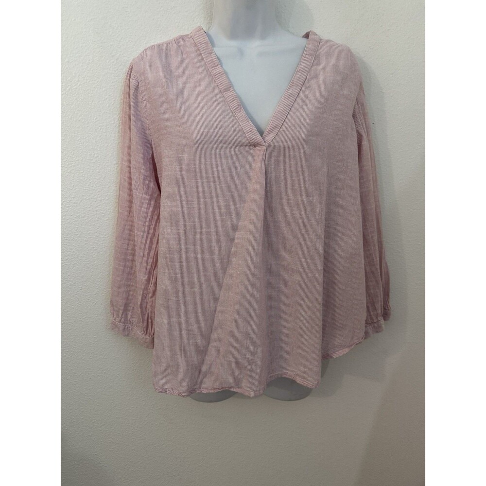 Dash Peasant Blouse Women’s Size L Beachy Boho White Pink Stripe 100% Cotton